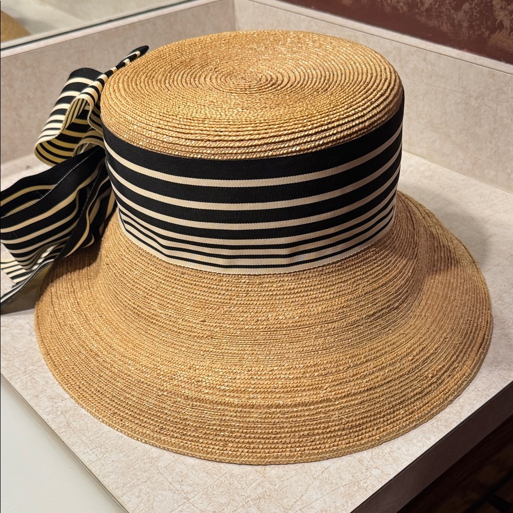 Annabel Ingall Tan Straw Hat with Striped Ribbon